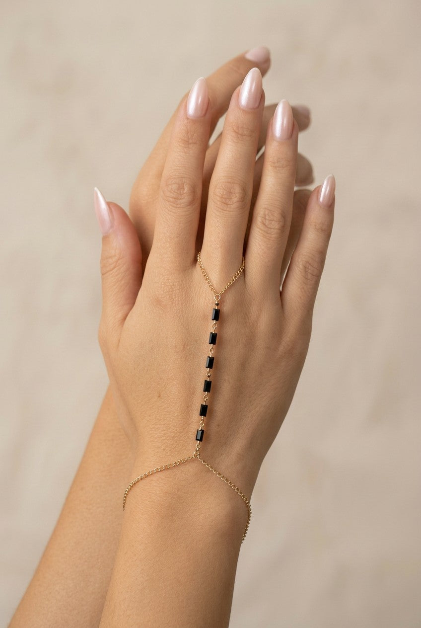18k Gold Filled Black Crystal Hand Chain | Bold Statement Style