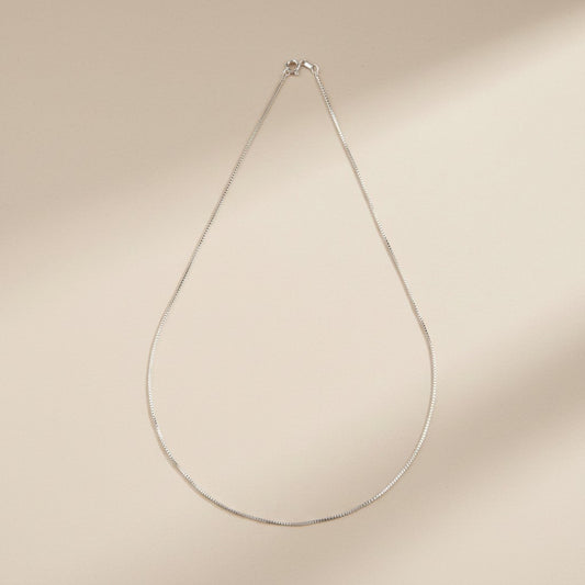 Sterling Silver 0.8mm Box Chain Necklace — Fine Enough to Feel Effortless. Present Enough to Be Seen.