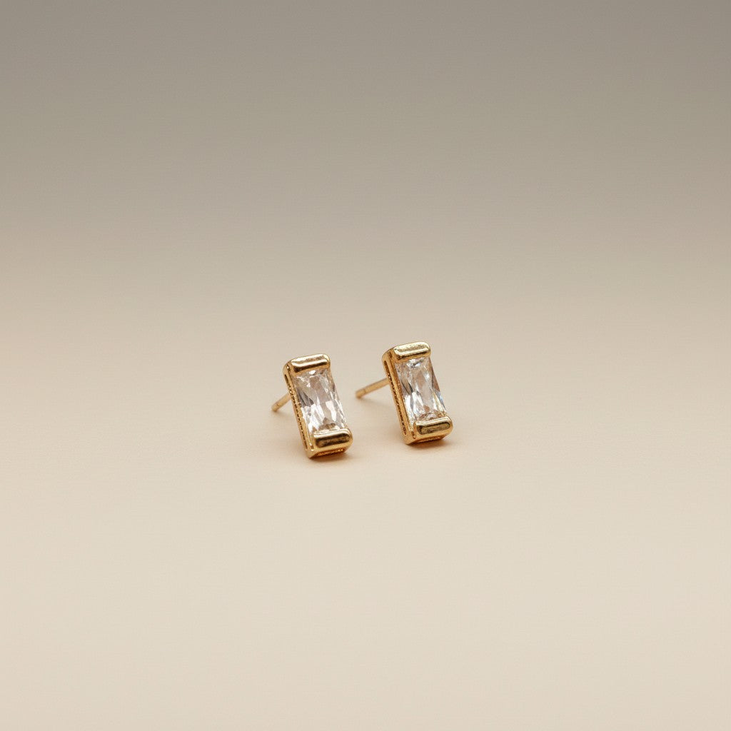 Baguette Stud Earrings - Minimalist CZ Diamond Studs for Women | Dainty