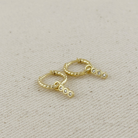 18k Gold Filled Mini Twisted Hoop Earrings With CZ Charm