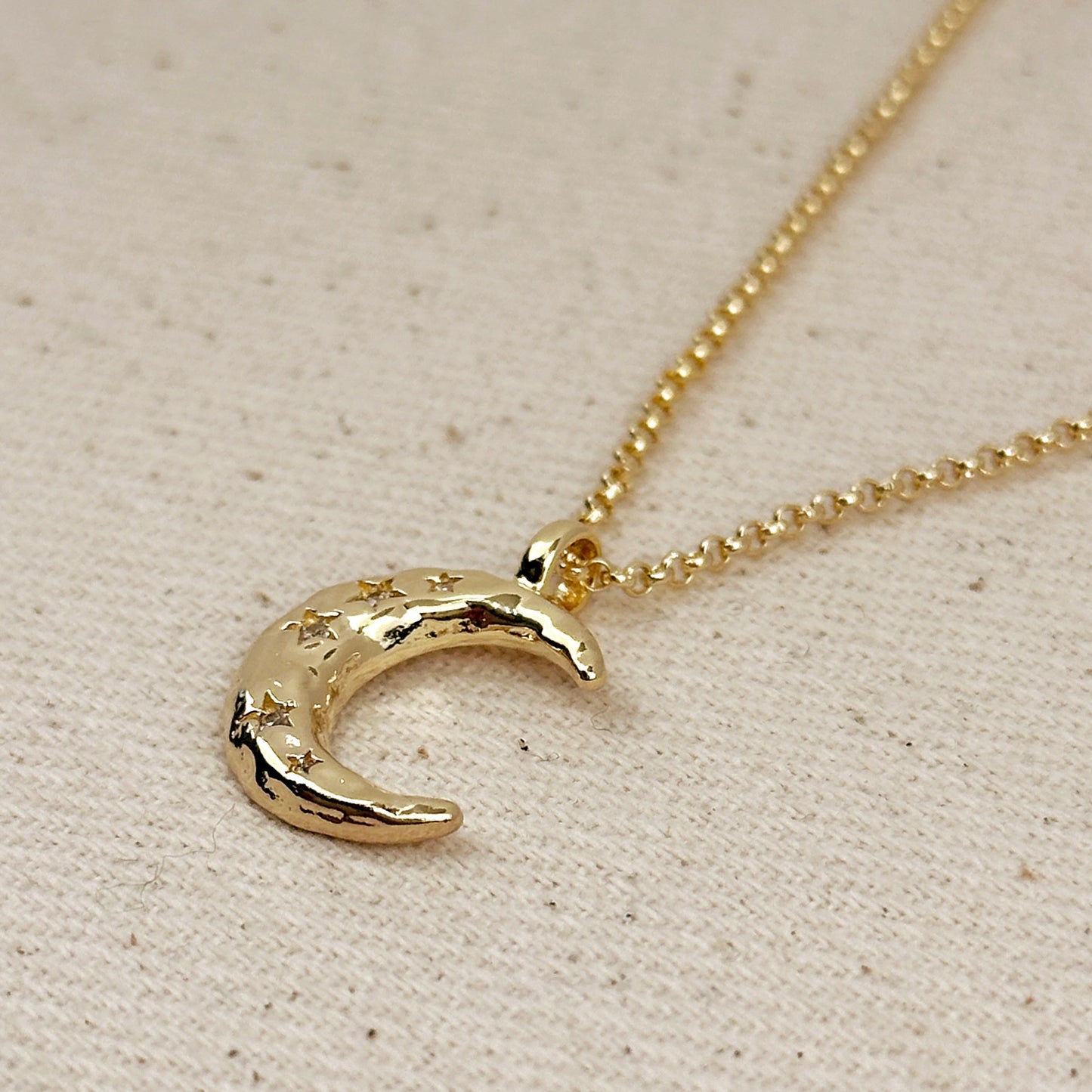 18k Gold Filled Hammered Crescent Moon CZ Necklace