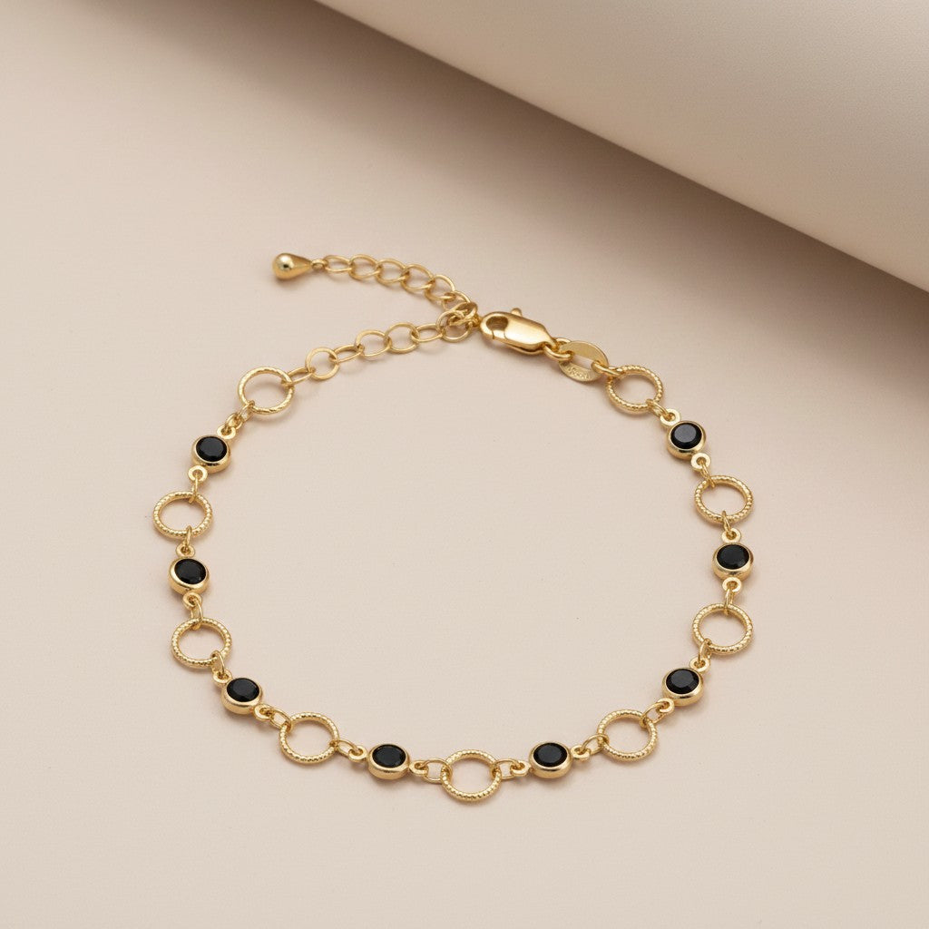 18k Gold Filled Black Bezel CZ & Circles Bracelet