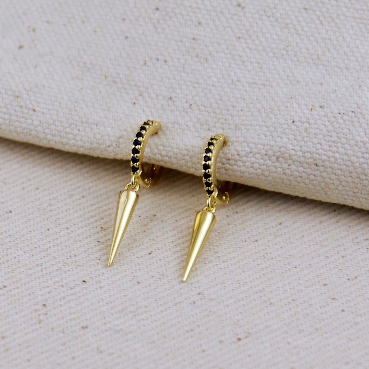 18k Gold Filled Black CZ Hoop Earrings With Spike Drop