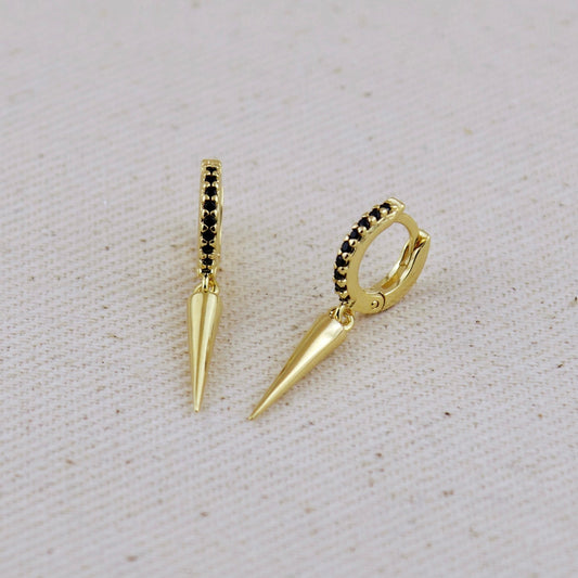 18k Gold Filled Black CZ Hoop Earrings With Spike Drop