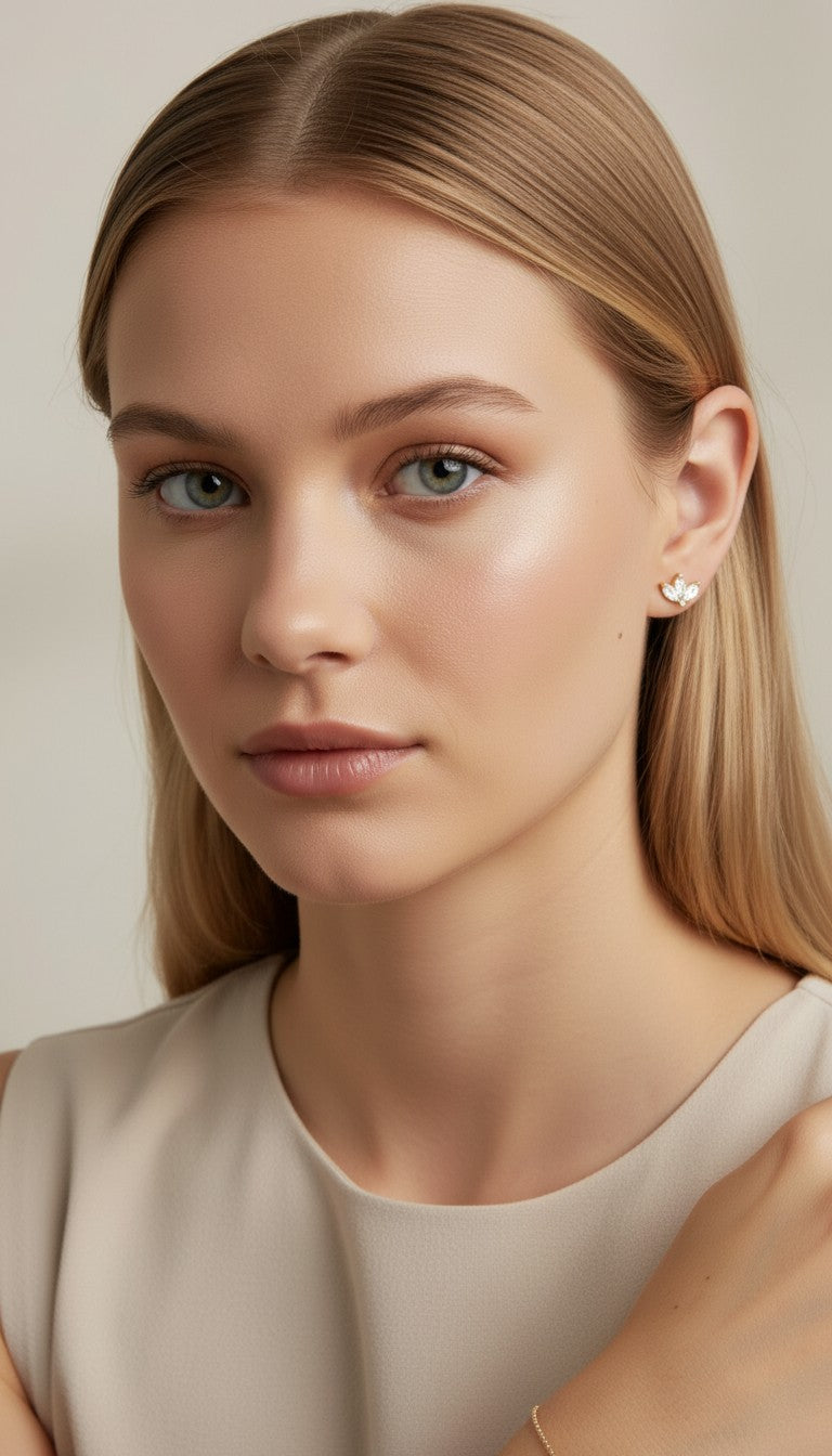 🌸 18k Gold Filled Vintage Lotus Flower CZ Stud Earrings — Ancient Symbol. Four Stones. Timeless Beauty.
