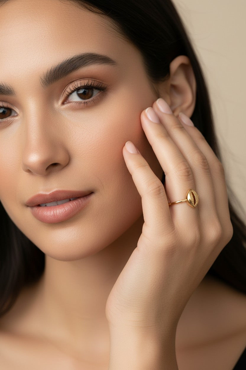 🐚 18k Gold Filled Cowrie Shell Ring — Prosperity. Destiny. Worn at the Finger in Warm Gold.