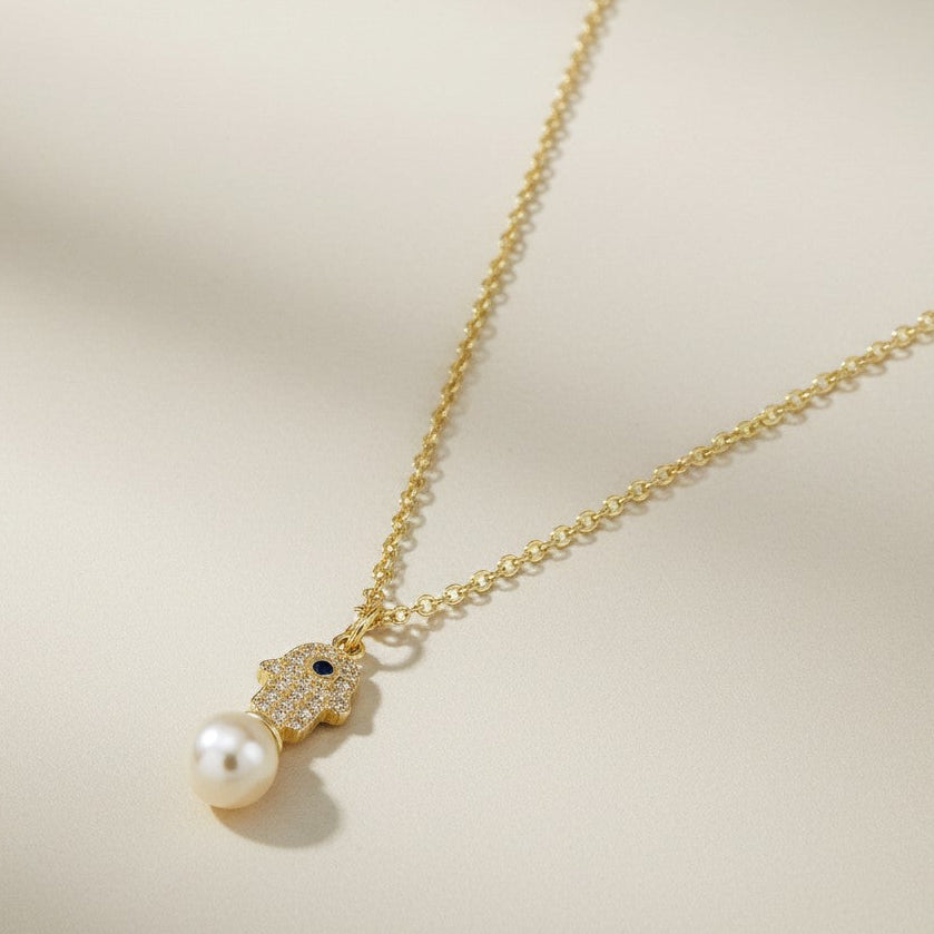 🪬 18k Gold Filled Hamsa Pearl Necklace — Wear Your Protection. Carry Your Intention.