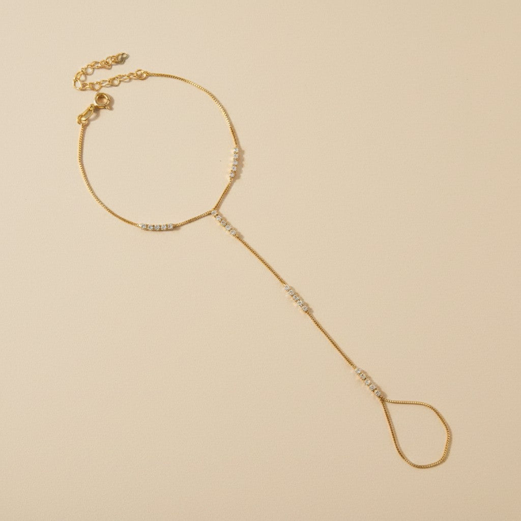 ✨ 18k Gold Filled CZ Row Hand Chain — Continuous Sparkle. Wrist to Finger. Every Gesture Luminous.