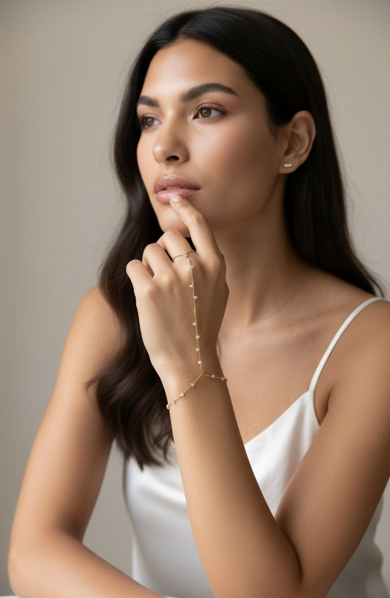 ✨ 18k Gold Filled CZ Hand Chain — Wrist to Finger. Scattered Sparkle. The Piece That Changes How the Hand Moves.