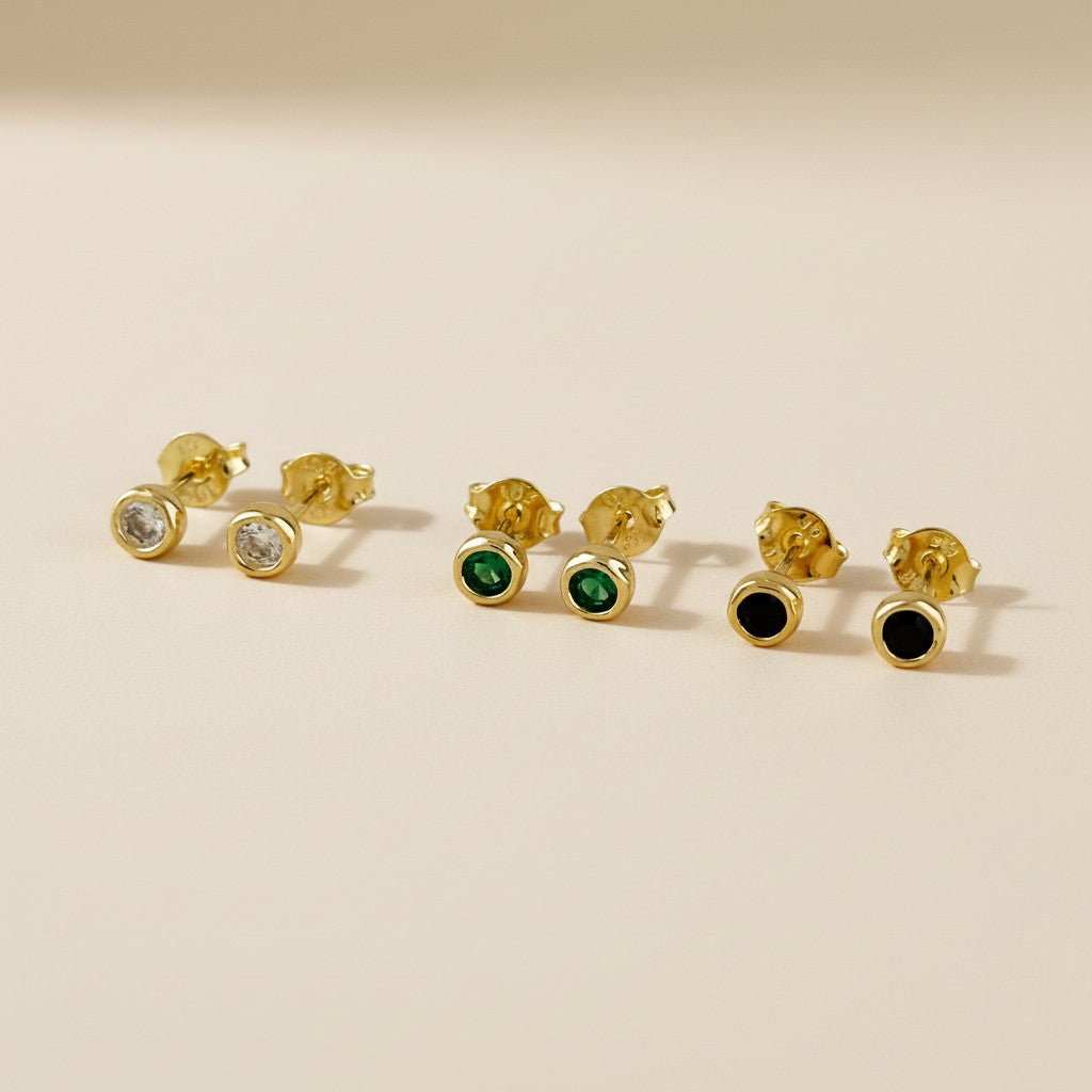 Delicate 18k Gold Filled Bezel CZ Stud Earrings - Dainty Round Diamond Look Studs
