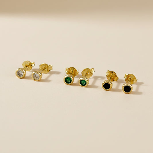 Delicate 18k Gold Filled Bezel CZ Stud Earrings - Dainty Round Diamond Look Studs