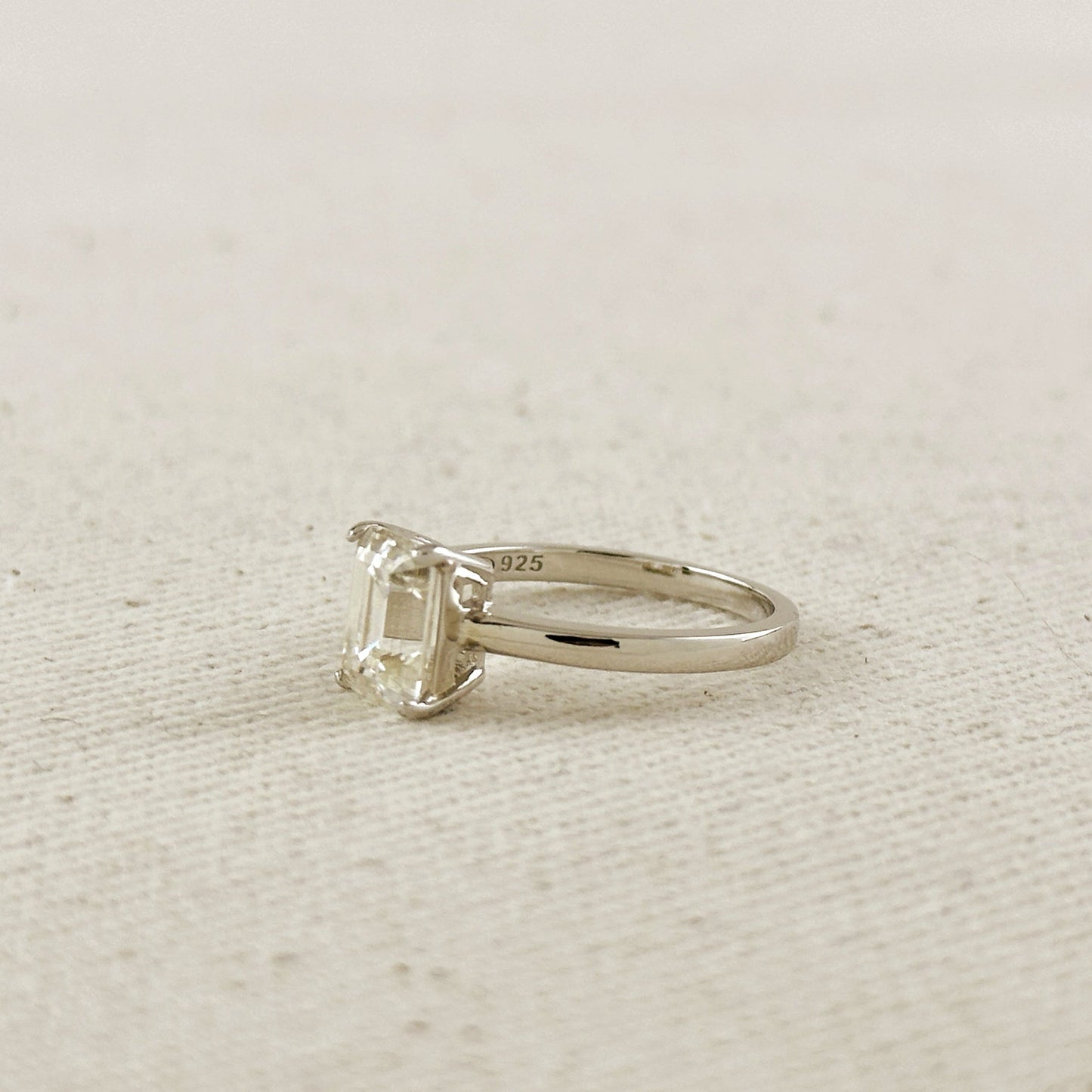 .925 Sterling Silver Rhodium Plated Moissanite Baguette Solitaire Ring