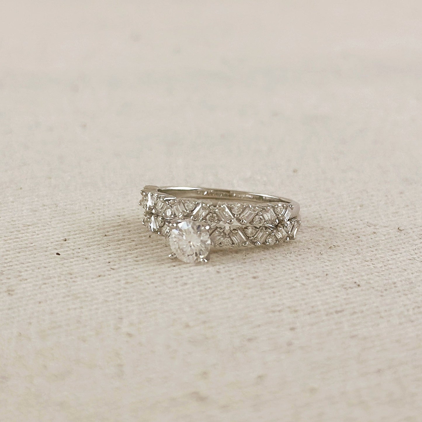 .925 Sterling Silver Rhodium Plated Moissanite Engagement Set Ring