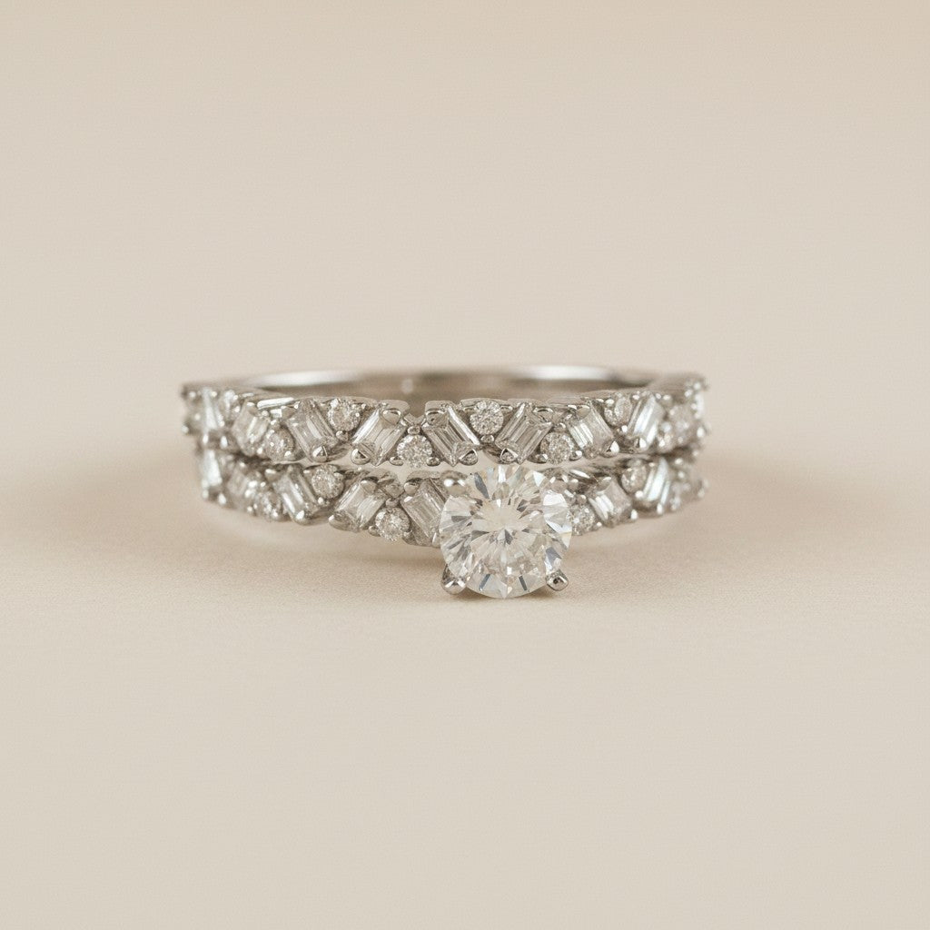 💎 .925 Sterling Silver Moissanite Two-Piece Ring Set — GRA Certified. Solitaire + Alternating Band. Worn Together or Apart.