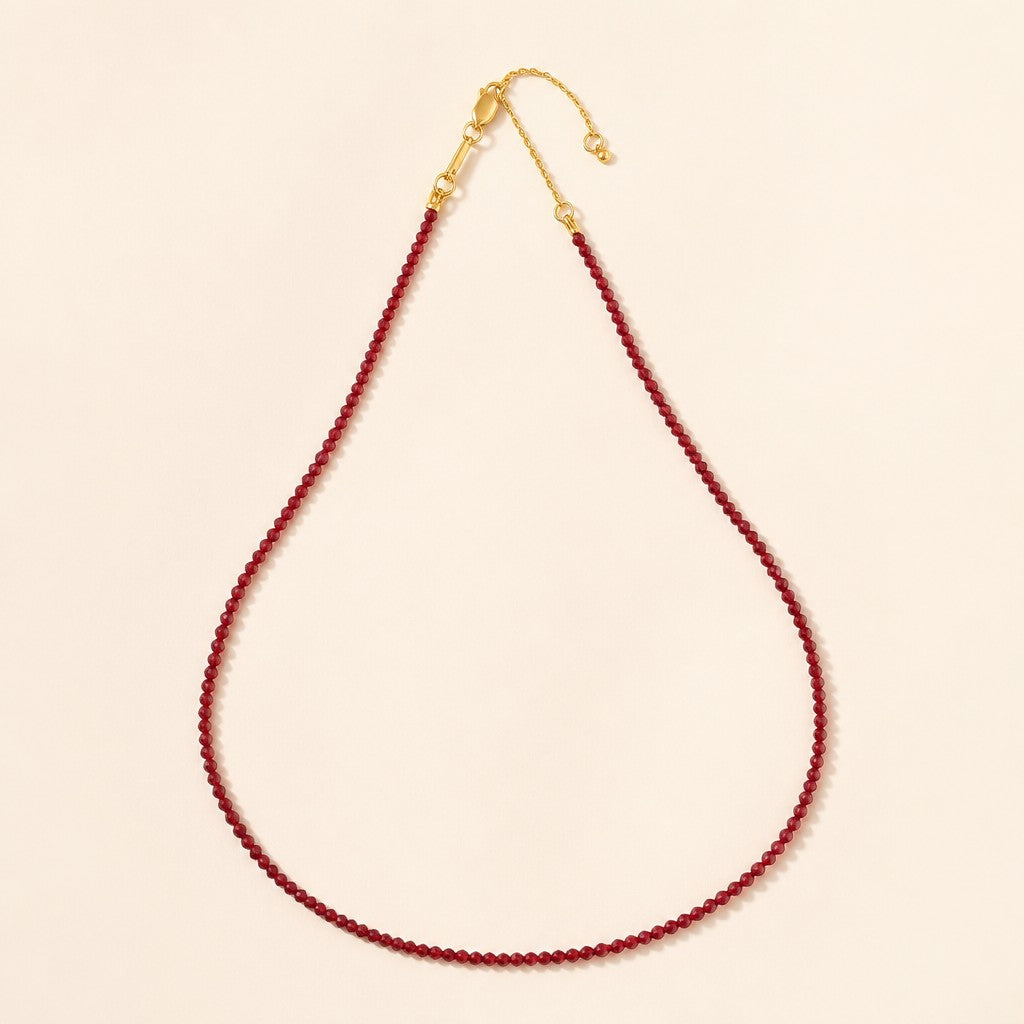 18k Gold Filled Ruby Jade Beaded Necklace | Rich Color, Minimalist Elegance