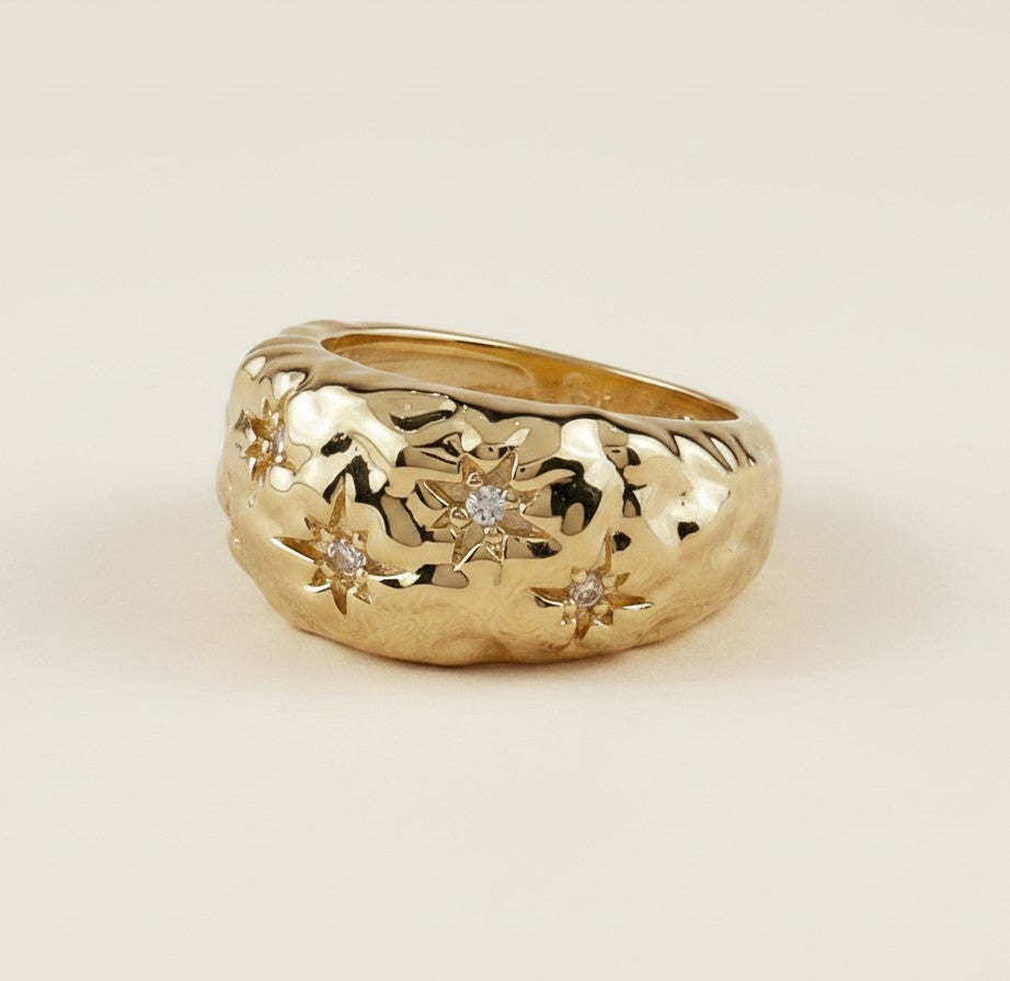 🌙 18k Gold Filled Hammered Moon Ring — Cratered Texture. Scattered Stars. The Moon at the Finger.