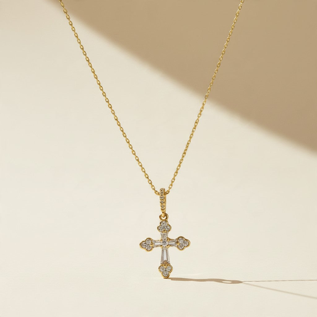 ✨ 18k Gold Filled CZ Cross Pendant Necklace — Round &amp; Baguette Stones. Mixed Settings. A Cross That Sparkles.