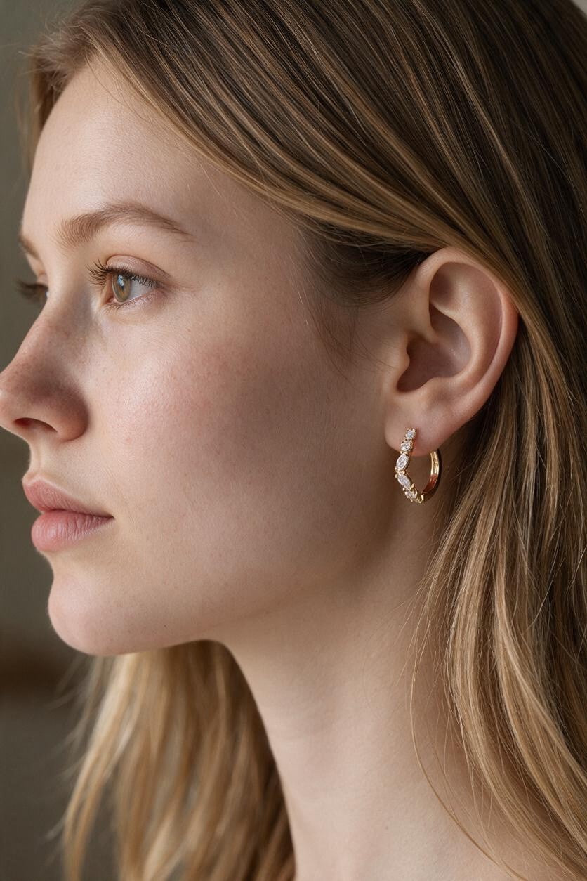 ✨ 18k Gold Filled Round &amp; Marquise CZ Cluster C-Hoop Earrings — Two Cuts. One Arc. Effortless Everyday Sparkle.