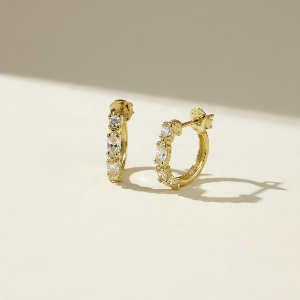 ✨ 18k Gold Filled Round &amp; Marquise CZ Cluster C-Hoop Earrings — Two Cuts. One Arc. Effortless Everyday Sparkle.