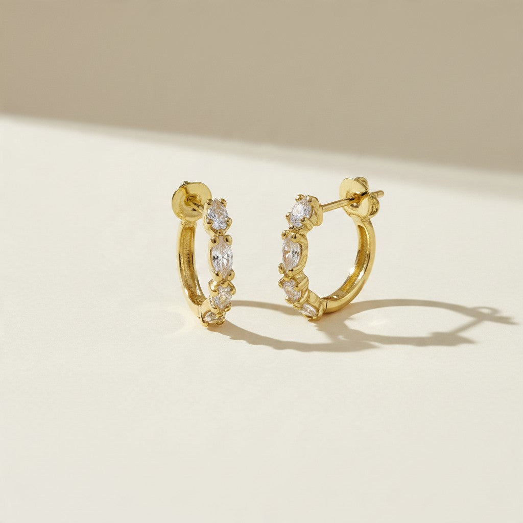 ✨ 18k Gold Filled Round &amp; Marquise CZ Cluster C-Hoop Earrings — Two Cuts. One Arc. Effortless Everyday Sparkle.