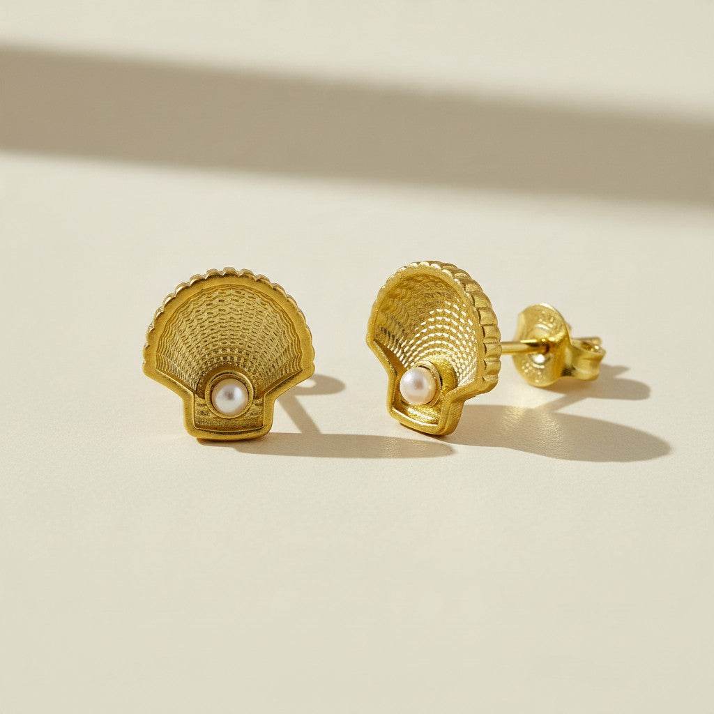 🐚 18k Gold Filled Scalloped Shell &amp; Pearl Stud Earrings — Finely Textured. Pearl Nestled. A Little Bit of Coast at the Lobe.