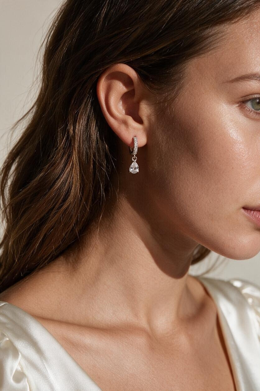 Silver Filled CZ Drop Hoop Earrings