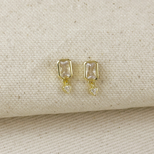 18k Gold Filled CZ Baguette With Heart Earrings