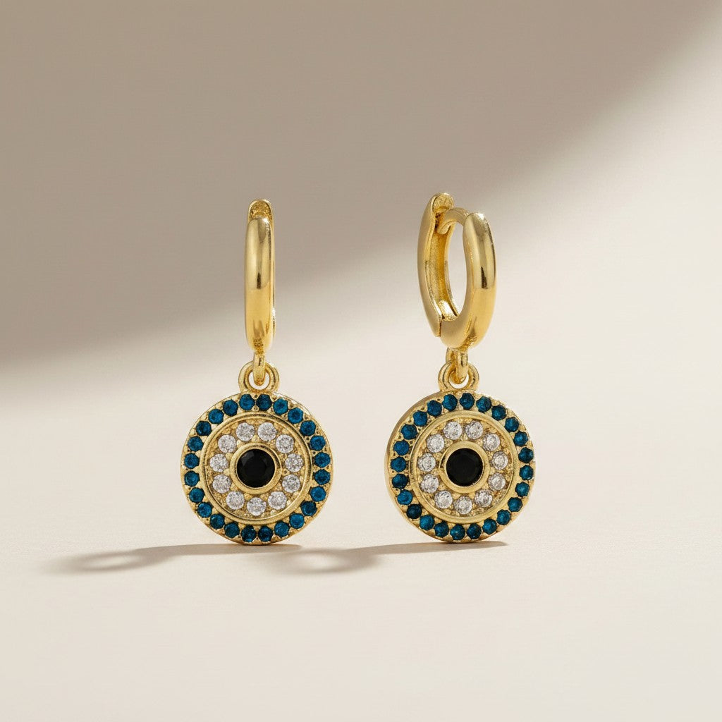 🧿 18k Gold Filled Mandala Evil Eye Hoop Drop Earrings — Two Symbols of Protection. One Beautiful Earring.