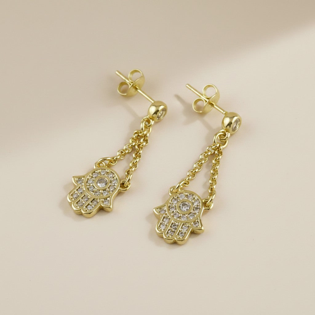 🤲 18k Gold Filled CZ Hamsa Double Chain Dangle Earrings — Protection That Moves With You