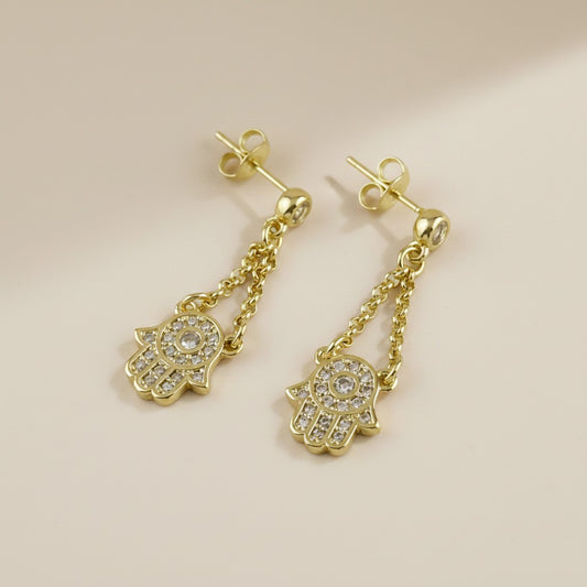 🤲 18k Gold Filled CZ Hamsa Double Chain Dangle Earrings — Protection That Moves With You