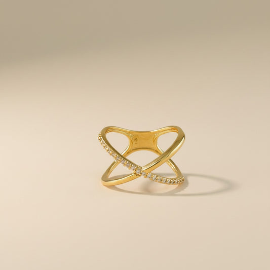 ✨ 18k Gold Filled Half-CZ X Ring — The Asymmetry That Makes It Impossible to Look Away