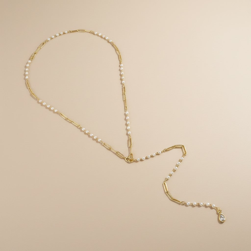 ✨ 18k Gold Filled Pearl & Paperclip Lariat Necklace — Where Modern Gold Meets Timeless Pearl