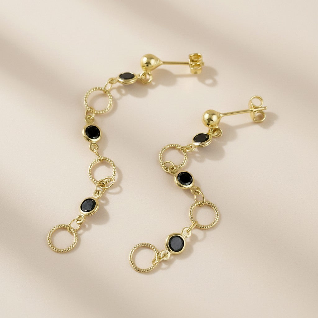18k Gold Filled Black Bezel CZ & Circles Dangling Earrings