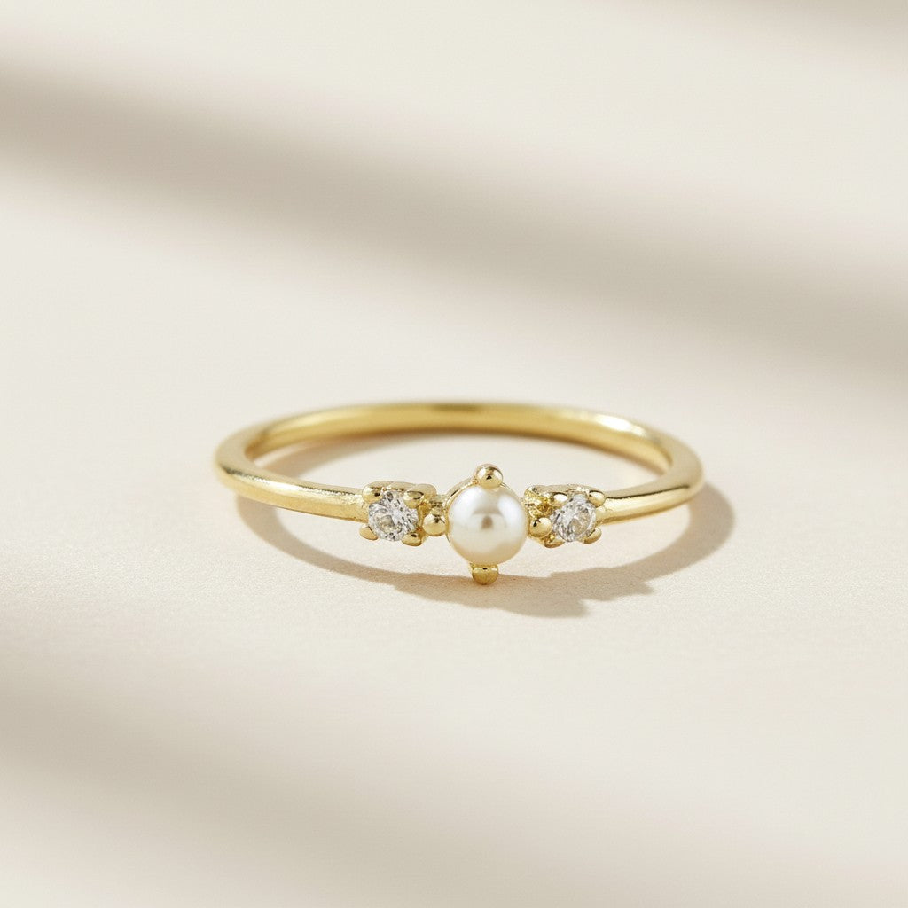 18k Gold Filled Pearl & Crystal Ring