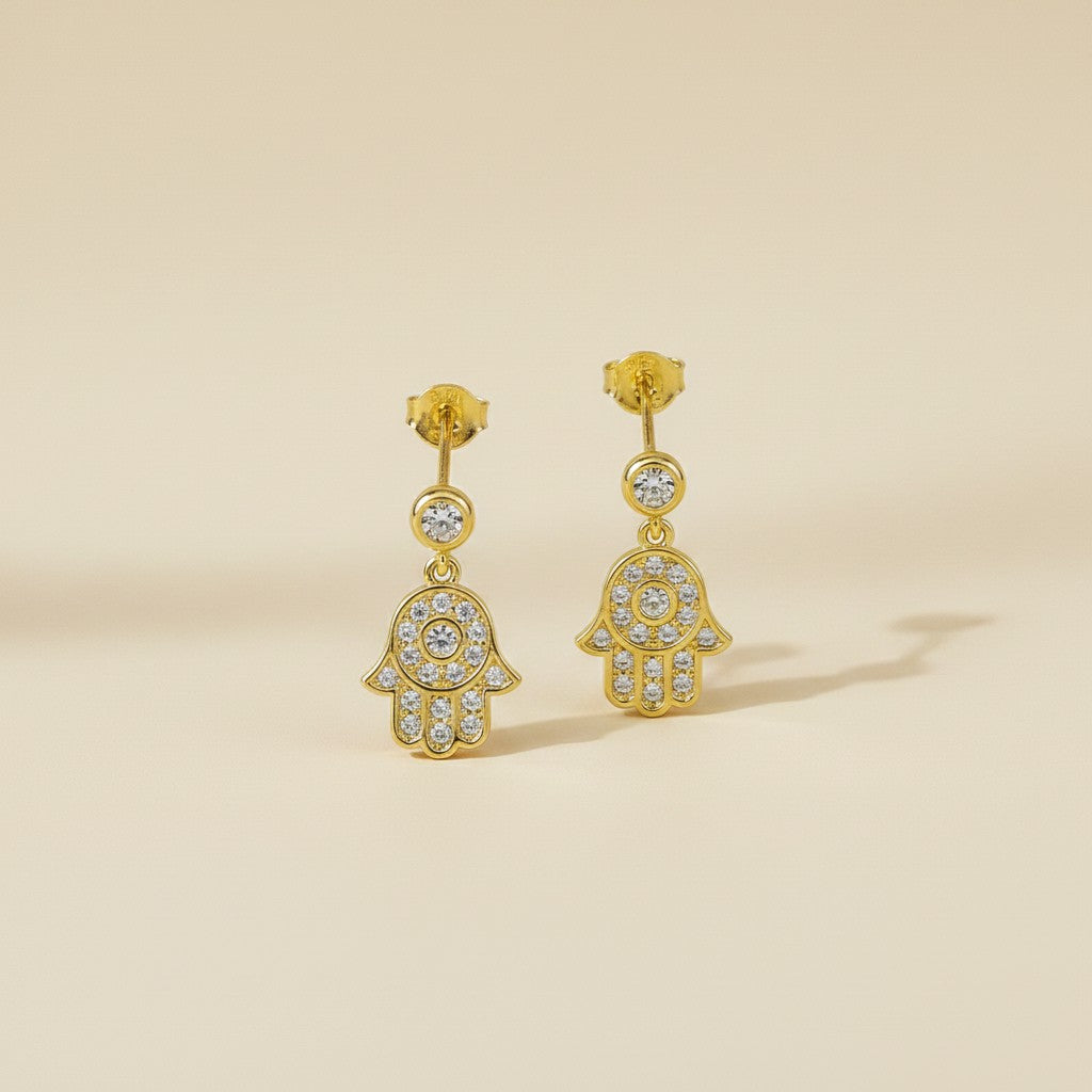 18k Gold Filled CZ Hamsa Drop Earrings — Protection Above. Sparkle Below.