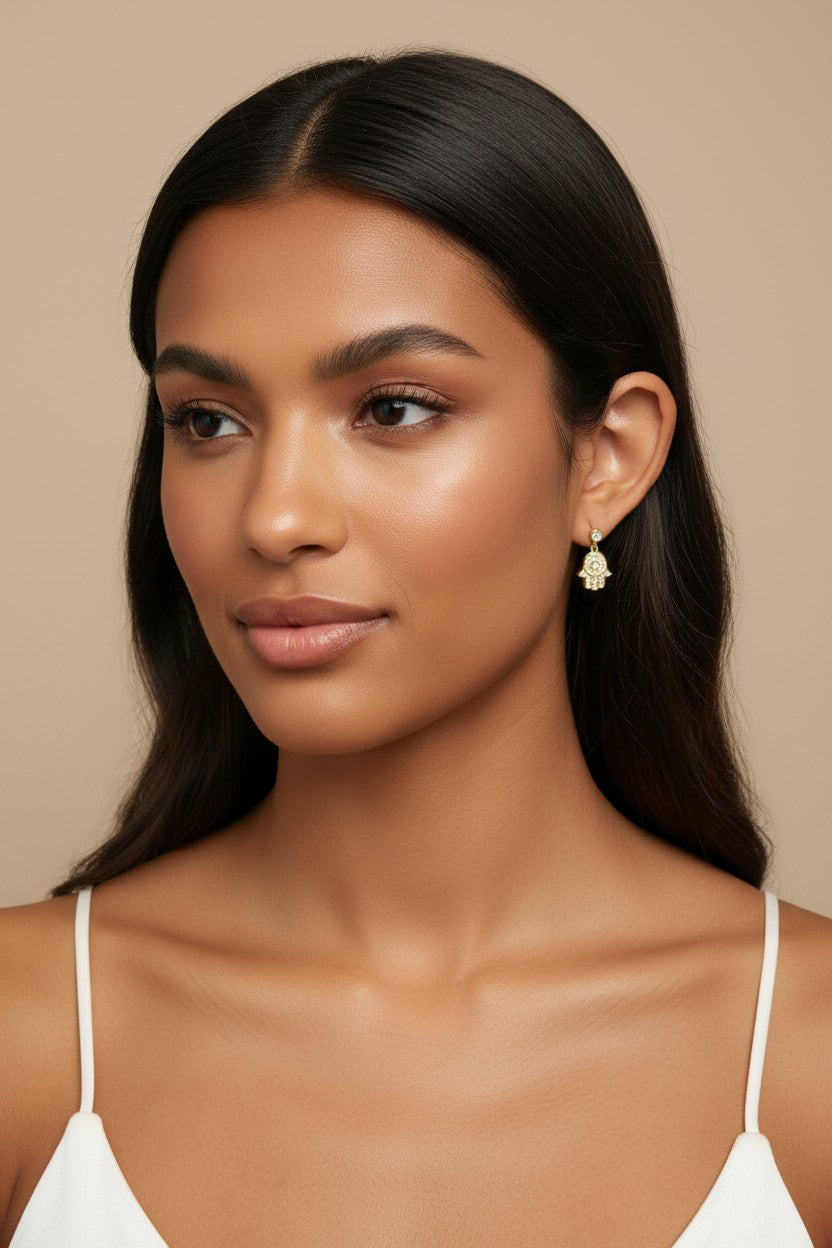18k Gold Filled CZ Hamsa Drop Earrings — Protection Above. Sparkle Below.