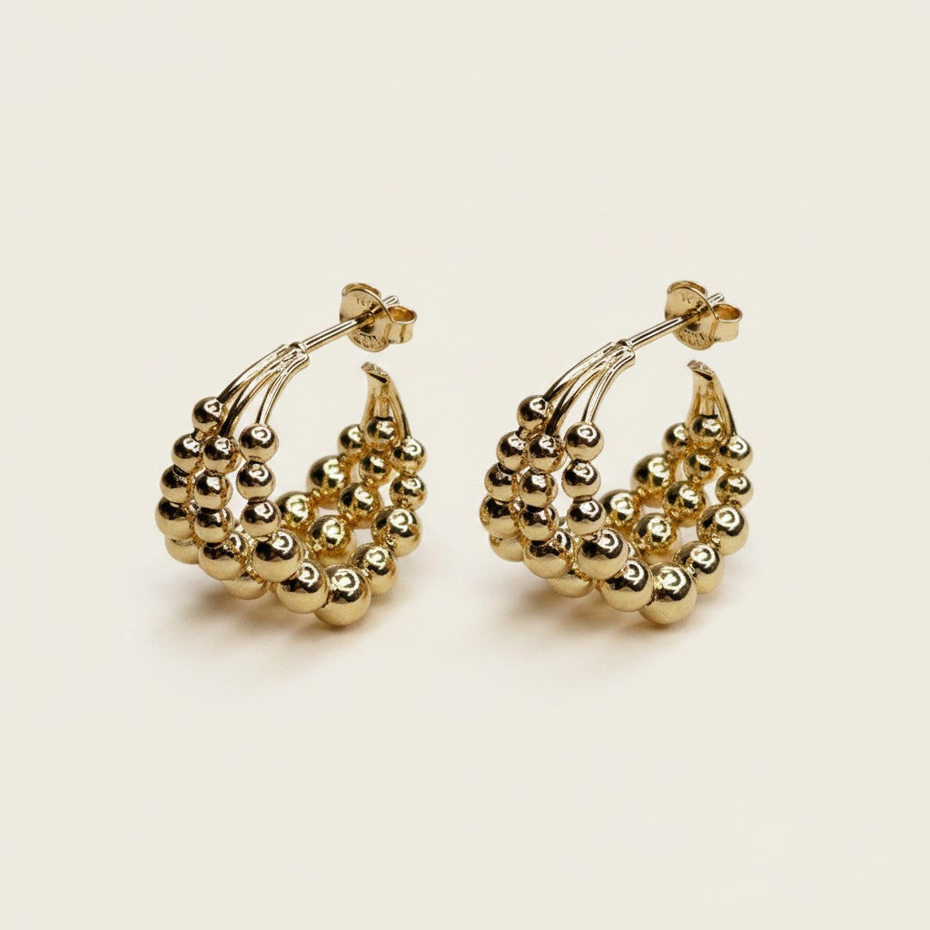 18k Gold Filled Triple Line Beaded C-Hoop Earrings | Bold & Sophisticated