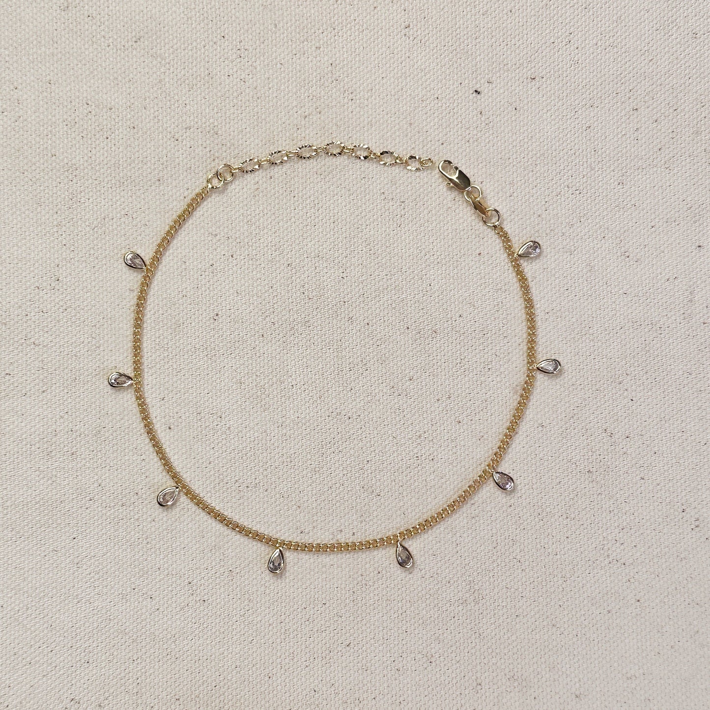 18k Gold Filled 2mm Curb Chain With Bezel CZ Drops Anklet