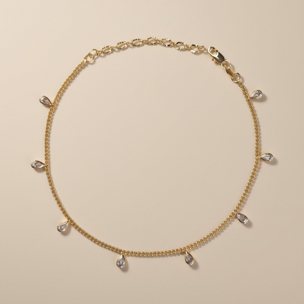 CZ Drop Anklet - Sparkling 2mm Curb Chain with Cubic Zirconia Charms