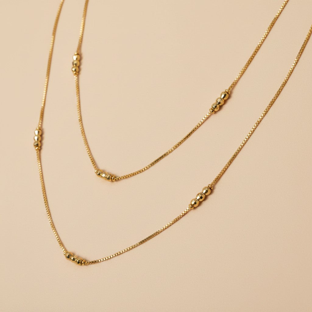 18k Gold Filled Bead Detailed Box Chain Necklace | Delicate Elegance