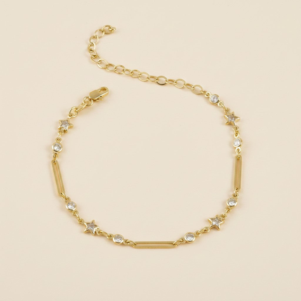 18k Gold Filled Paperclip & Stars CZ Bracelet | Celestial Elegance