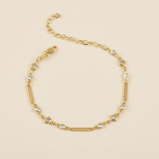 18k Gold Filled Paperclip & Stars CZ Bracelet | Celestial Elegance