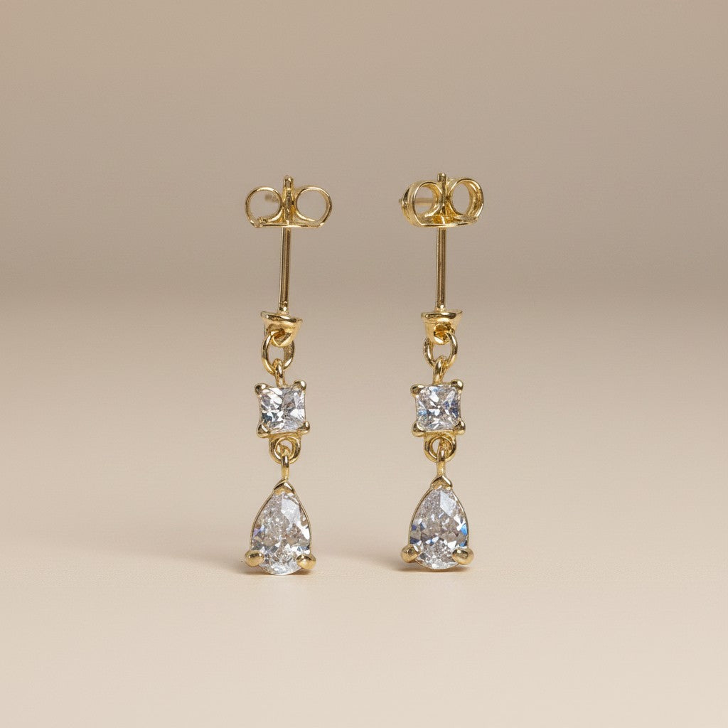 ✨ 18k Gold Filled Princess; Pear Cut CZ Drop Earrings — Two Cuts. One Drop. All the Glamour.