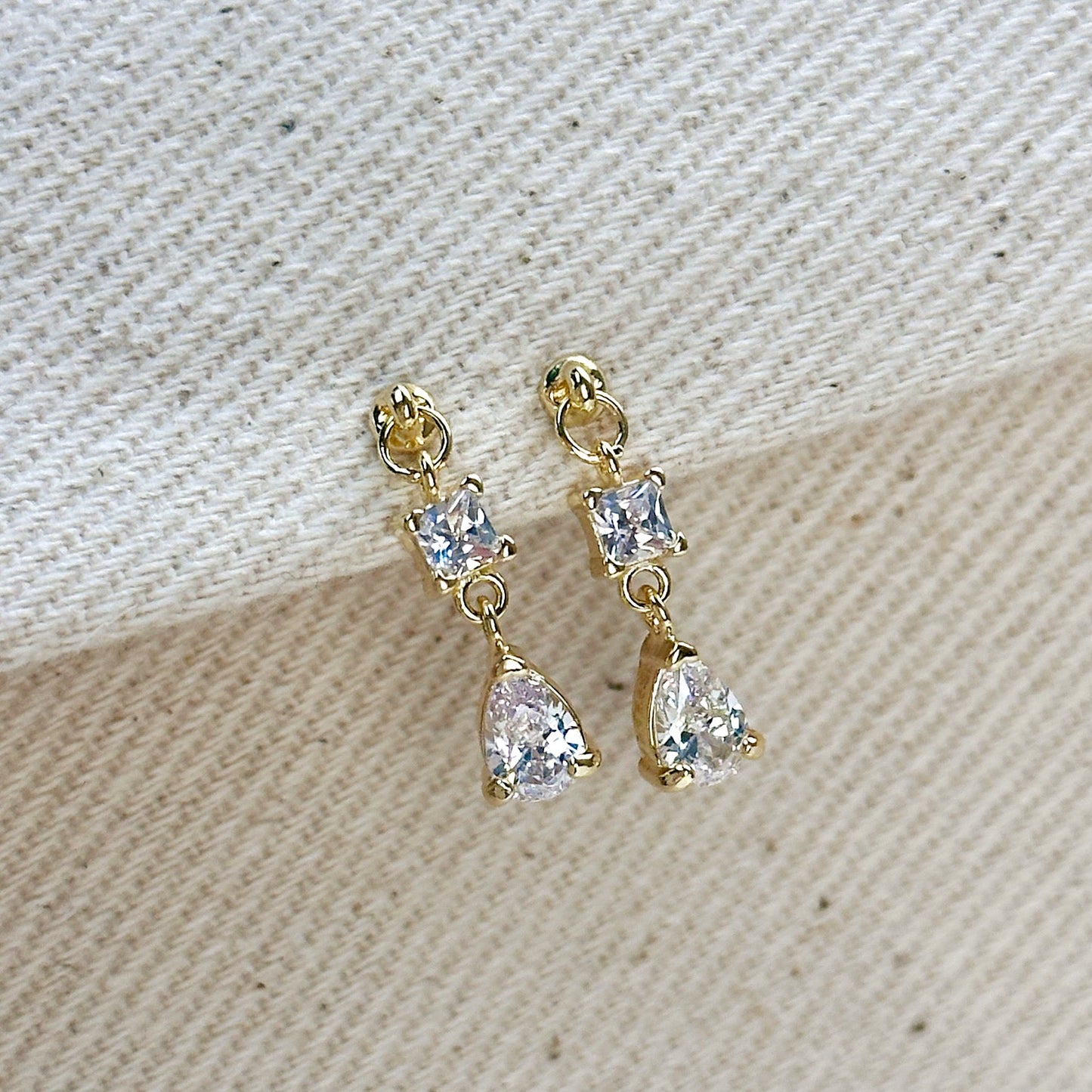 18k Gold Filled Princess Cut and Drop CZ Dangling Earrings