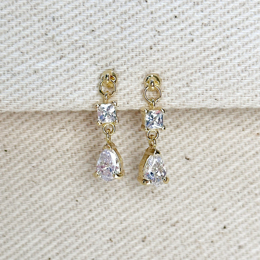 18k Gold Filled Princess Cut and Drop CZ Dangling Earrings