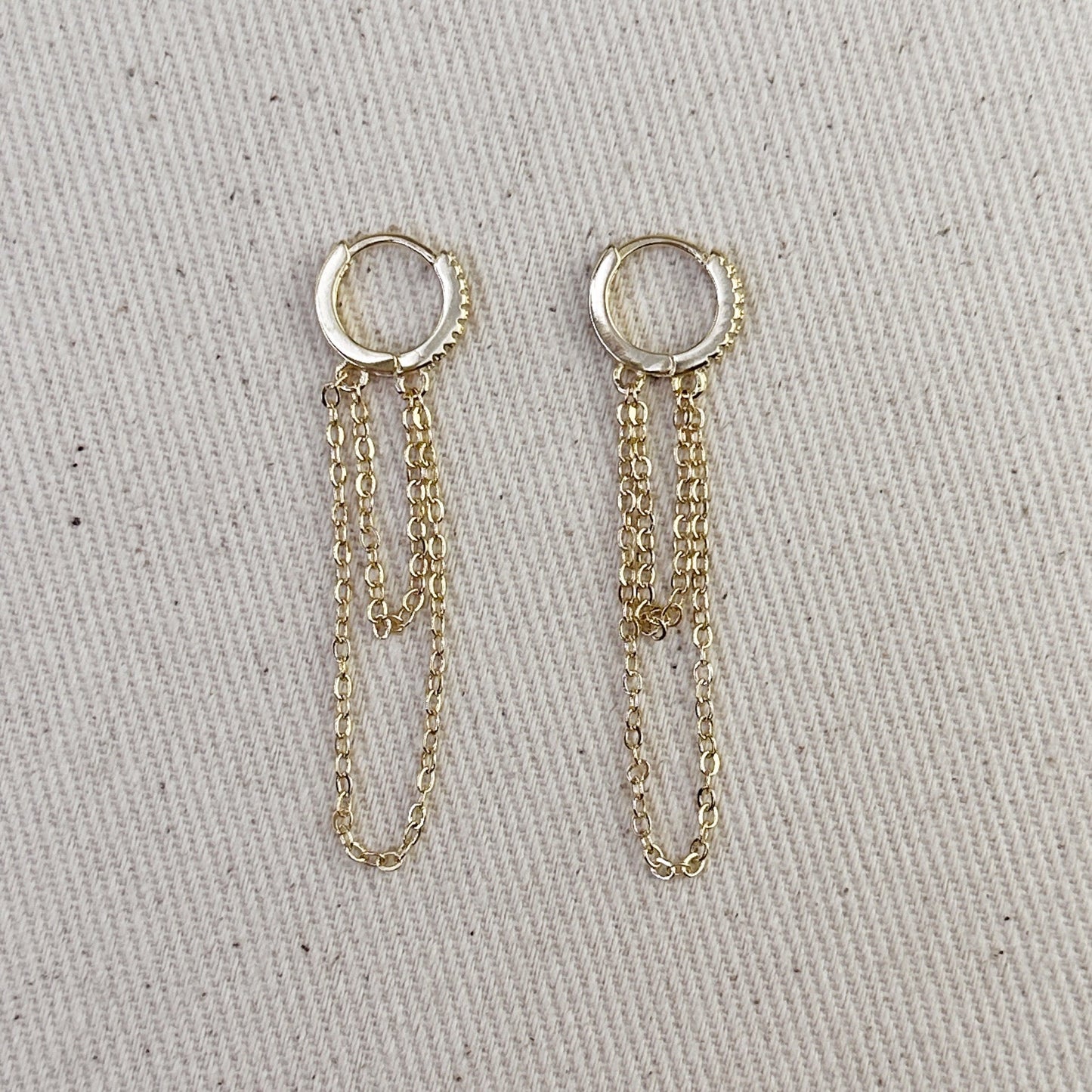 18k Gold Filled CZ  Hoop With Dangling Chains Earrings