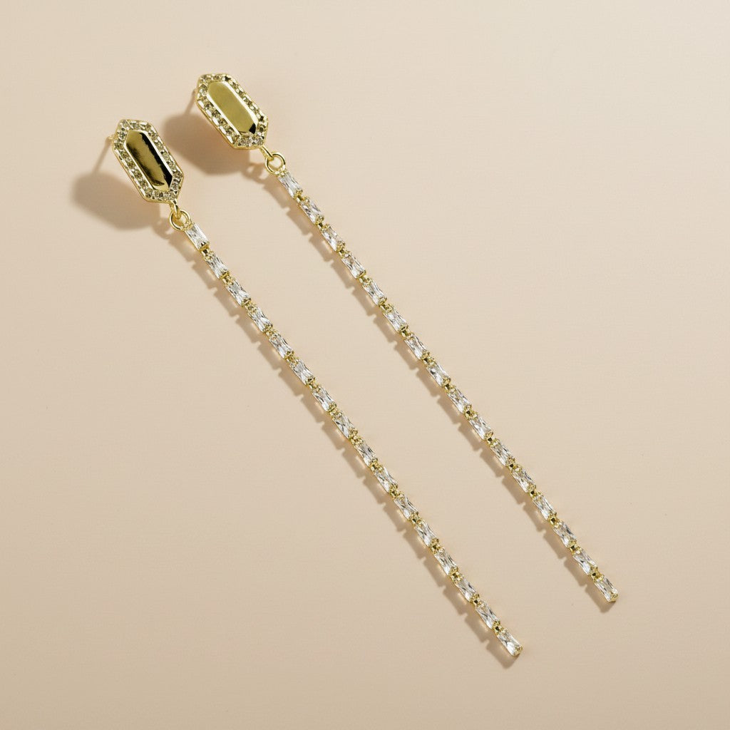 18k Gold Filled Baguette CZ Long Drop Earrings — Three Inches of Pure, Unforgettable Sparkle