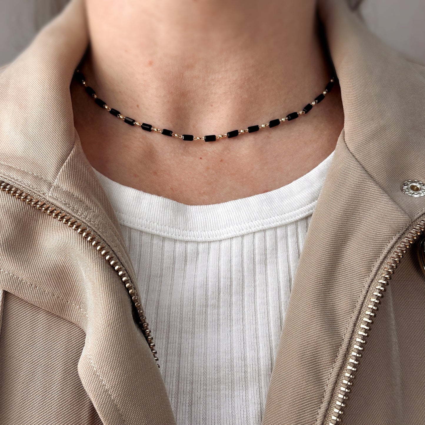 18k Gold Filled 2 mm Black Baguette & Beads Necklace