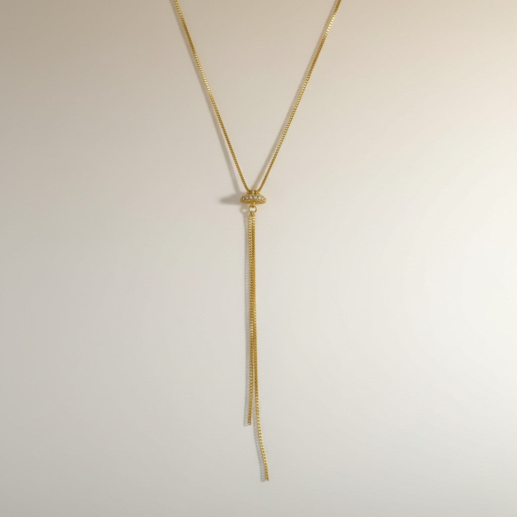 ✨ 18k Gold Filled CZ Bar Lariat Tassel Necklace — Minimalist Design, Maximum Impact