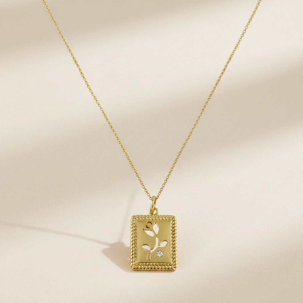 🌸 18k Gold Filled Flower Plaque Necklace — A Square of Gold. A Flower Cut Through It. One Perfect Stone.